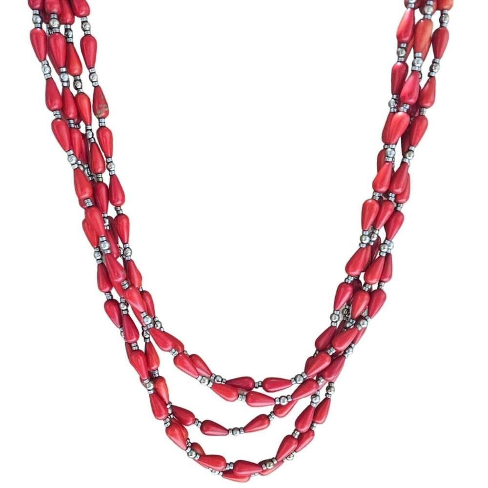 Vintage Red Beaded Multistrand Necklace Silver Tone Accents Fashion Jewelry